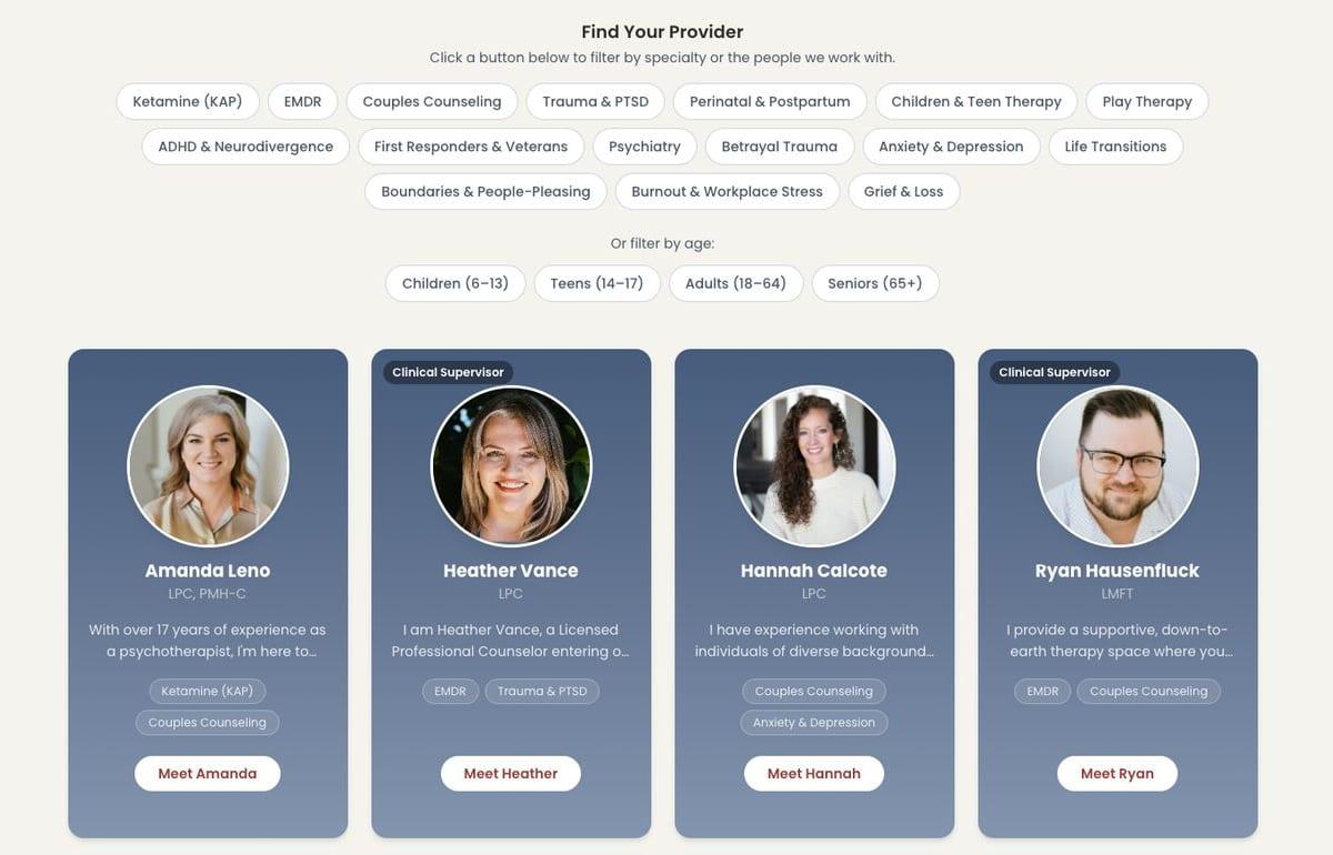 Client-facing therapist matching filter on a TheraSaaS-built practice website: filter by specialty or age, then browse matching providers