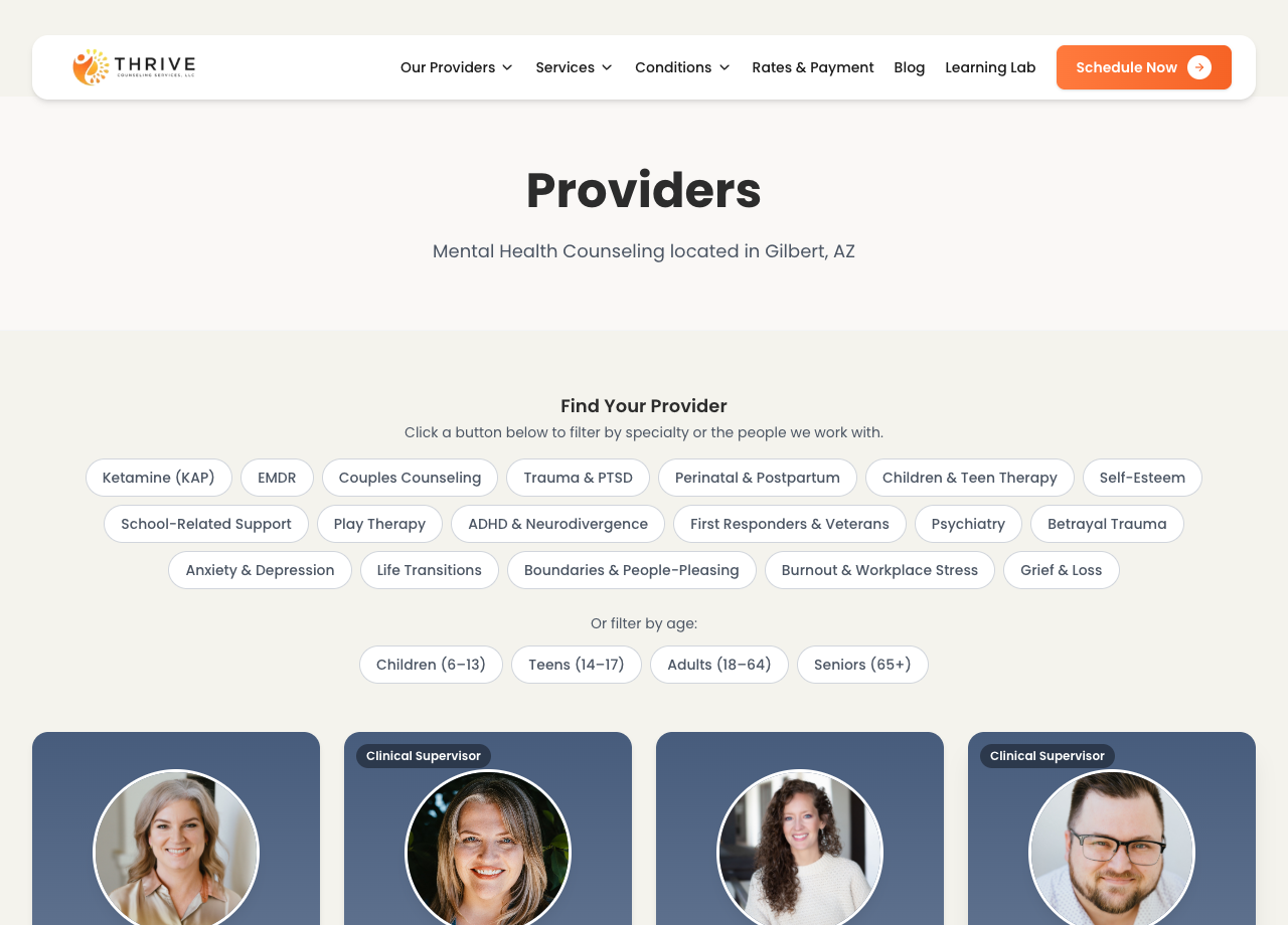 Thrive Counseling therapist directory with specialty and age filters