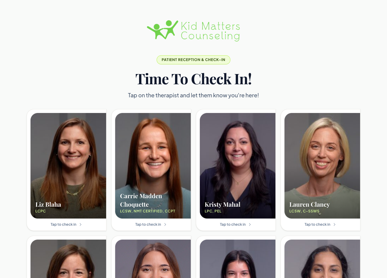Kid Matters Counseling Waiting Room Check-In App starting screen