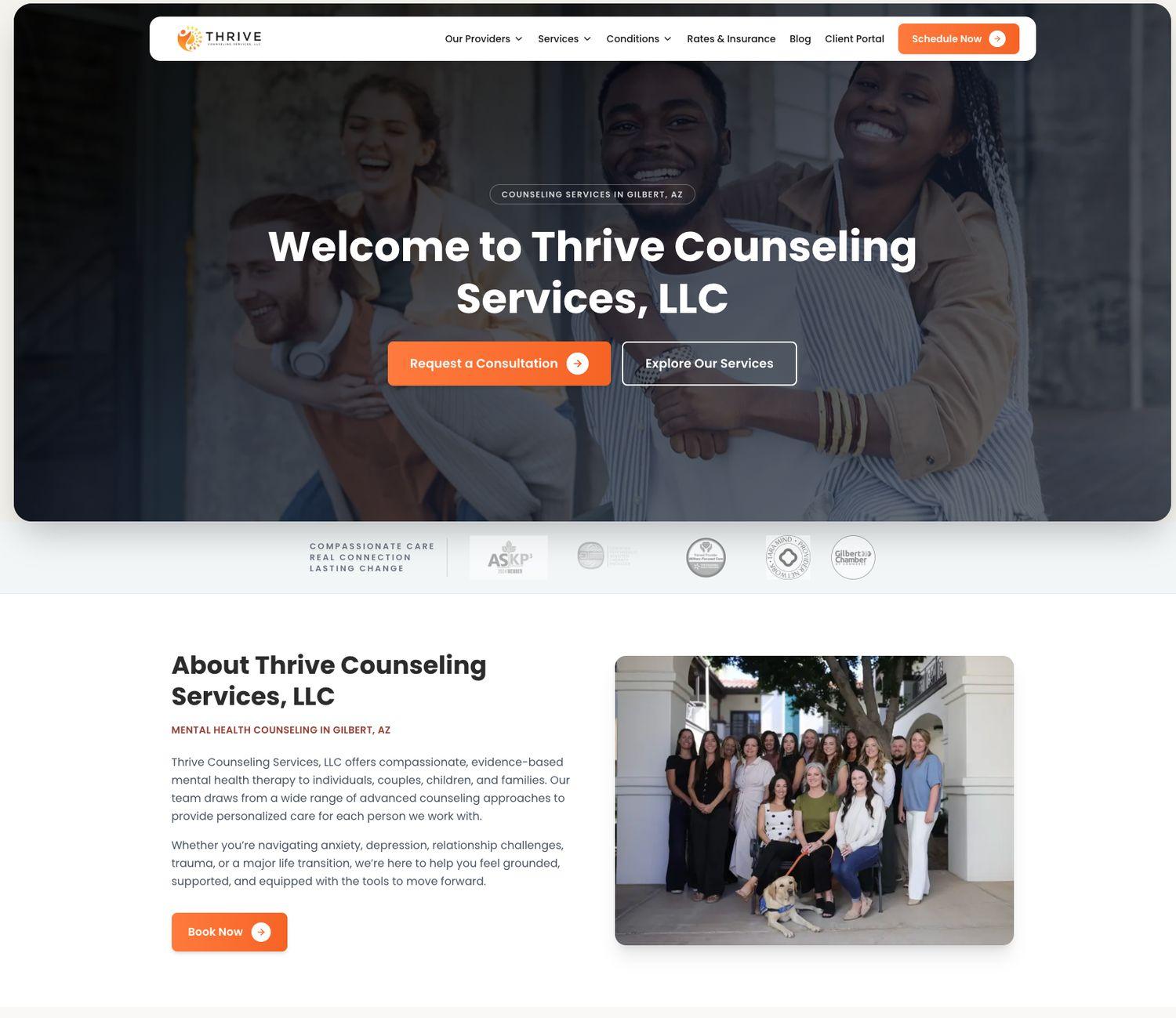 The rebuilt Thrive Counseling Services home page